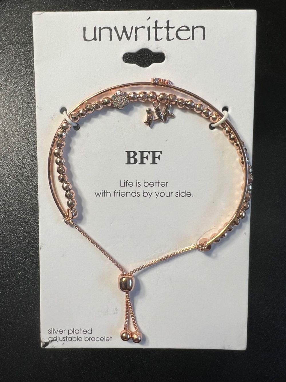 Unwritten Silver Plated Rose Gold Tone BFF Adjustable Bolo Bracelet NWT - Picture 6 of 6